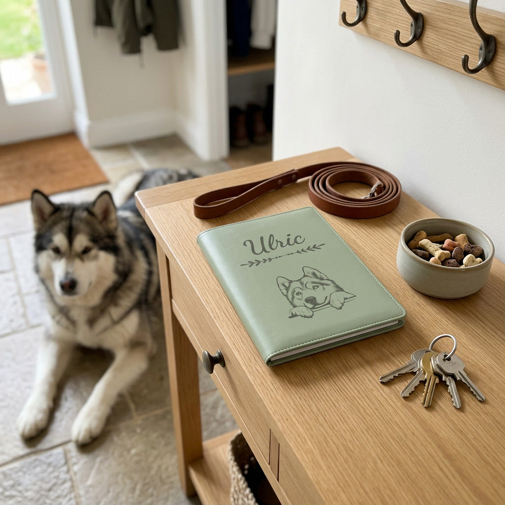 Protège carnet de santé chien personnalisé – Malamute de l'Alaska — fermé, gravé « Ulric » avec le malamute de l'Alaska, sur une console d'entrée à côté d'une laisse, un malamute de l'Alaska couché à côté (visuel de mise en scène, coloris Vert sauge)