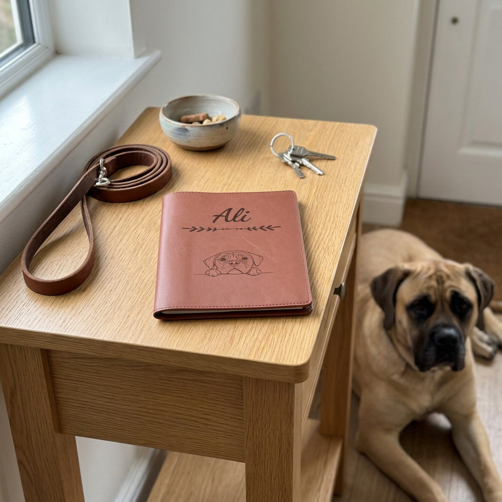 Protège carnet de santé chien personnalisé – Mastiff — fermé, gravé « Ali » avec le mastiff, sur une console d'entrée à côté d'une laisse, un mastiff couché à côté (visuel de mise en scène, coloris Chocolat)