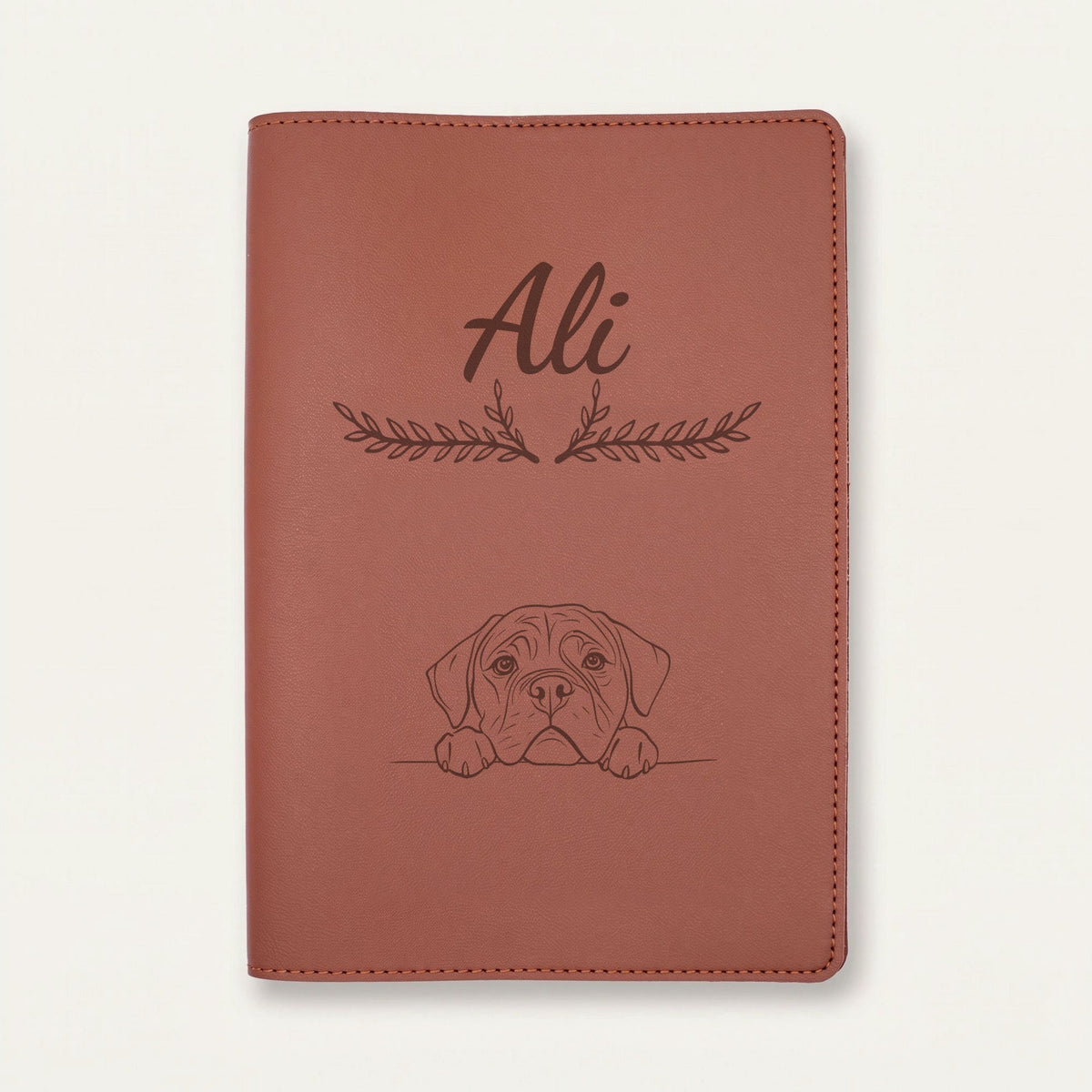 Protège carnet de santé chien personnalisé – Mastiff — Chocolat — Bouquet — gravure « Ali »