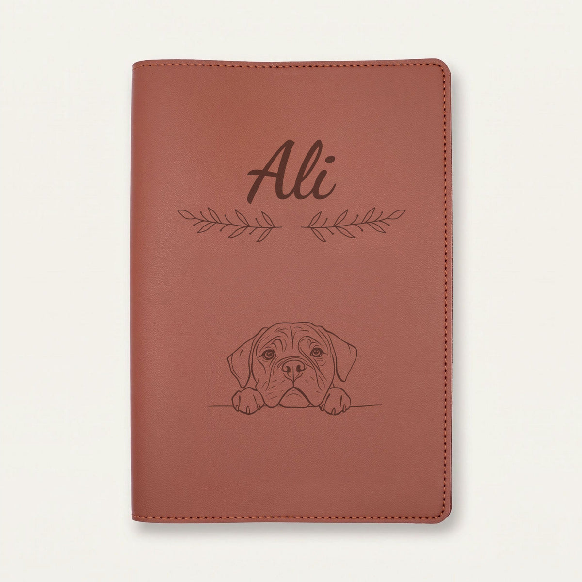Protège carnet de santé chien personnalisé – Mastiff — Chocolat — Rameaux — gravure « Ali »