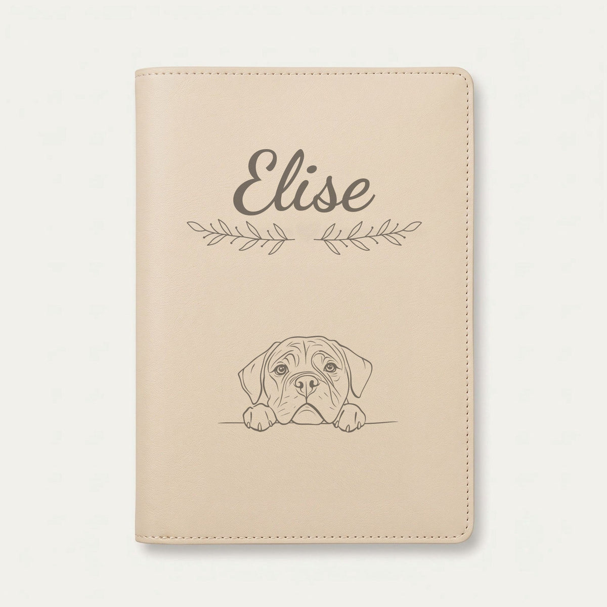 Protège carnet de santé chien personnalisé – Mastiff — Crème vanille — Rameaux — gravure « Elise »