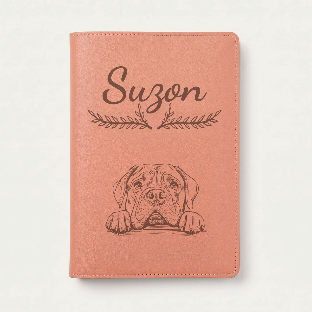 Protège carnet de santé chien personnalisé – Mâtin napolitain — Terracotta — Bouquet — gravure « Suzon »