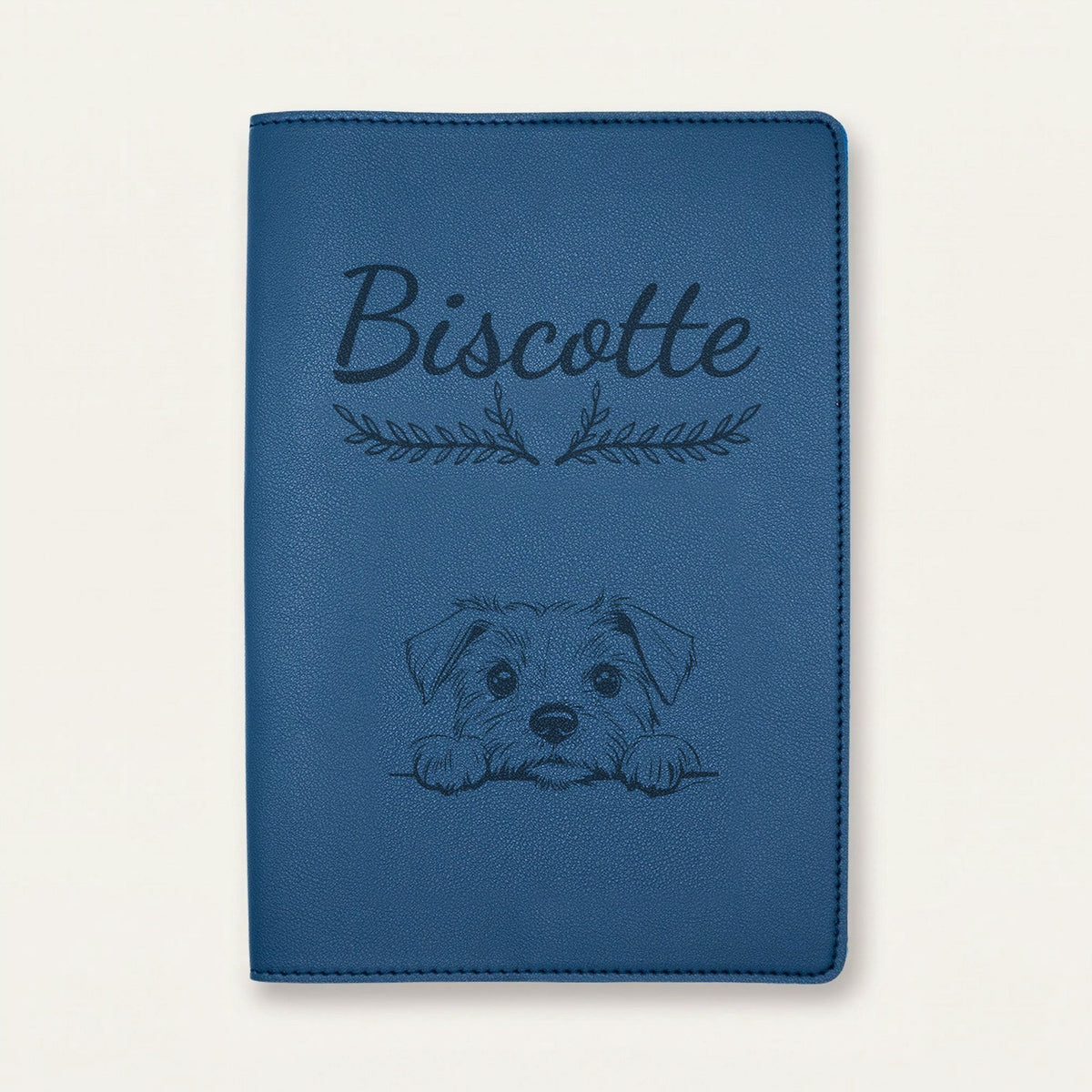 Protège carnet de santé chien personnalisé – Norfolk terrier — Bleu nuit — Bouquet — gravure « Biscotte »