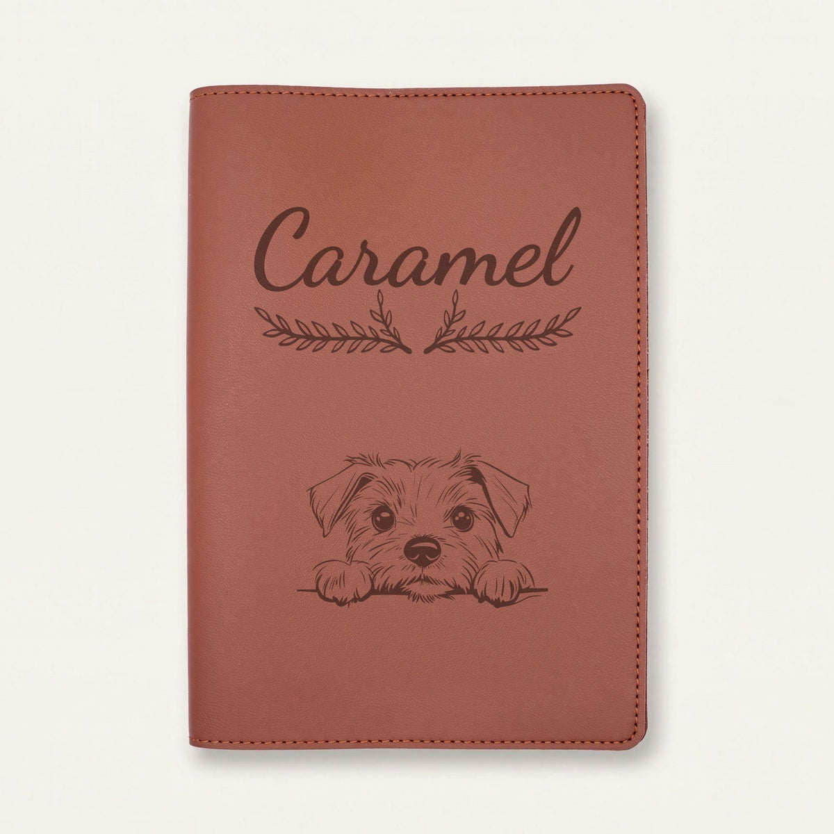 Protège carnet de santé chien personnalisé – Norfolk terrier — Chocolat — Bouquet — gravure « Caramel »