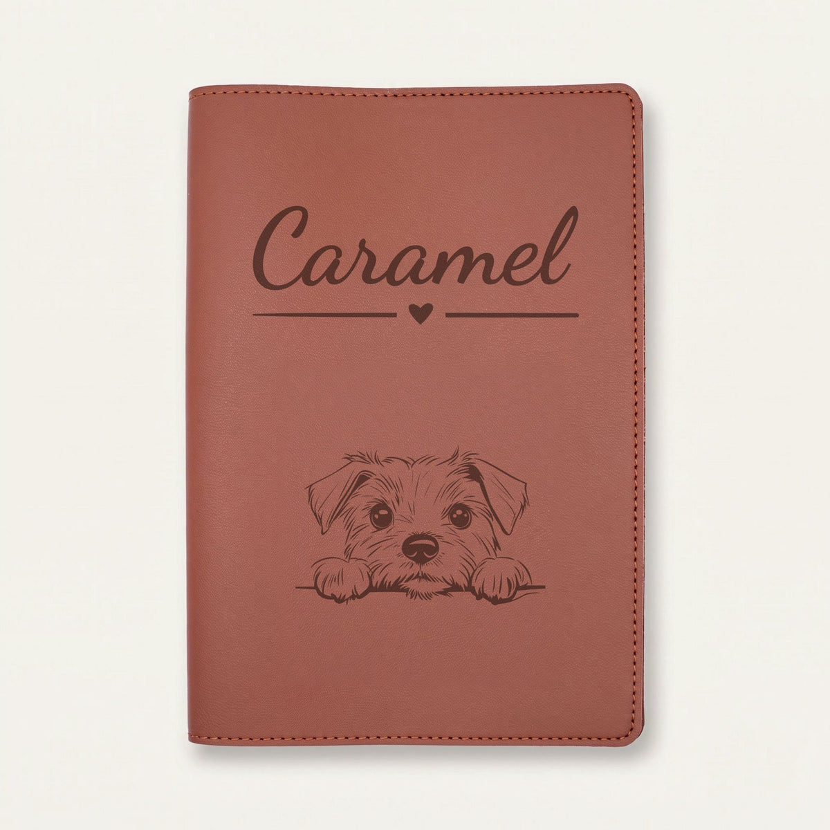 Protège carnet de santé chien personnalisé – Norfolk terrier — Chocolat — Cœur — gravure « Caramel »