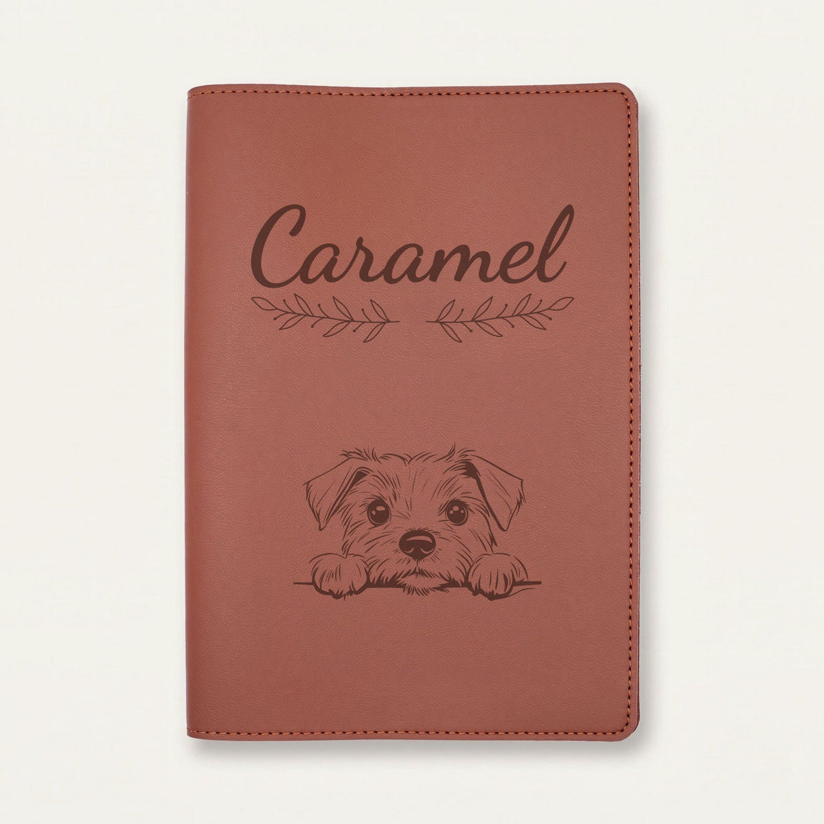 Protège carnet de santé chien personnalisé – Norfolk terrier — Chocolat — Rameaux — gravure « Caramel »