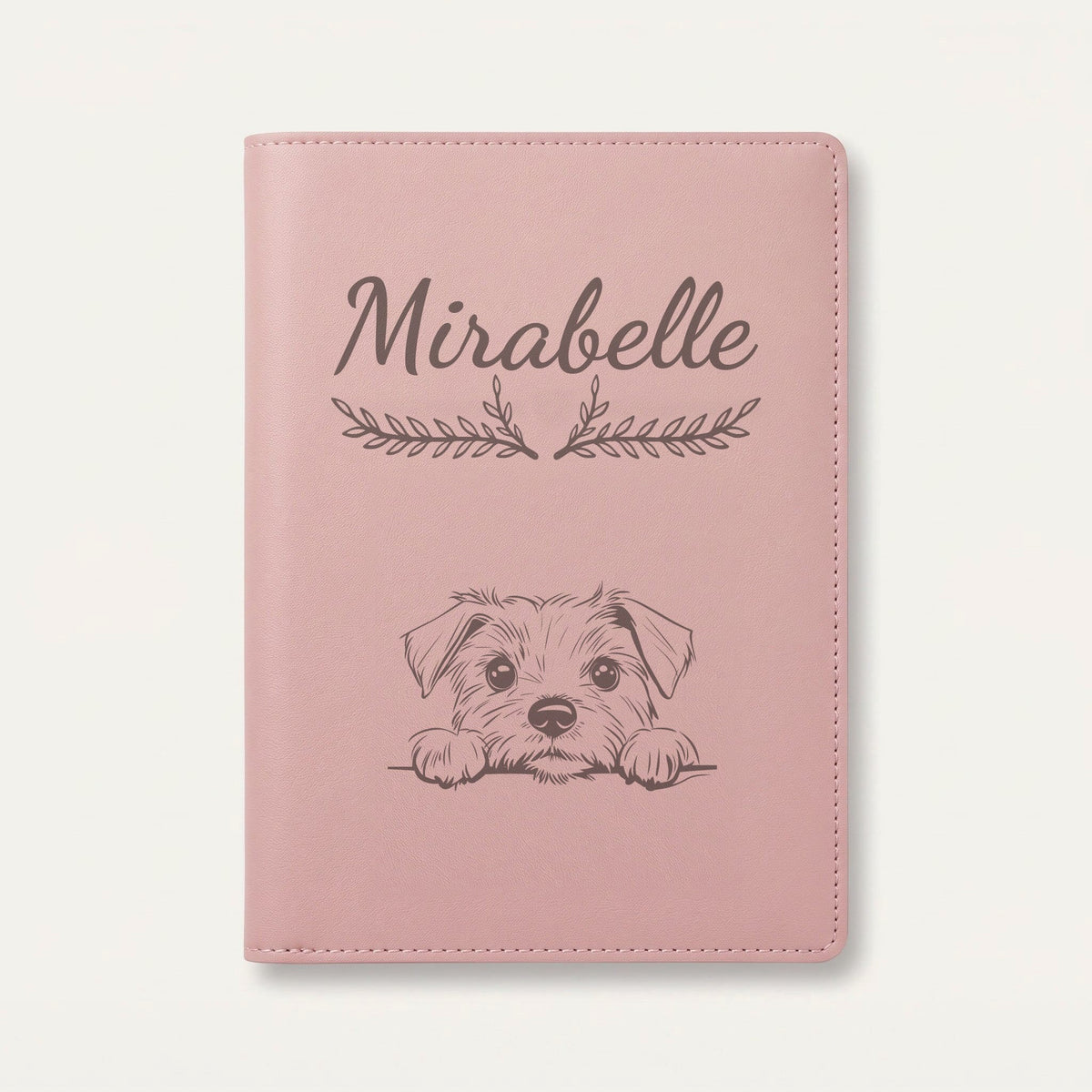 Protège carnet de santé chien personnalisé – Norfolk terrier — Rose dragée — Bouquet — gravure « Mirabelle »