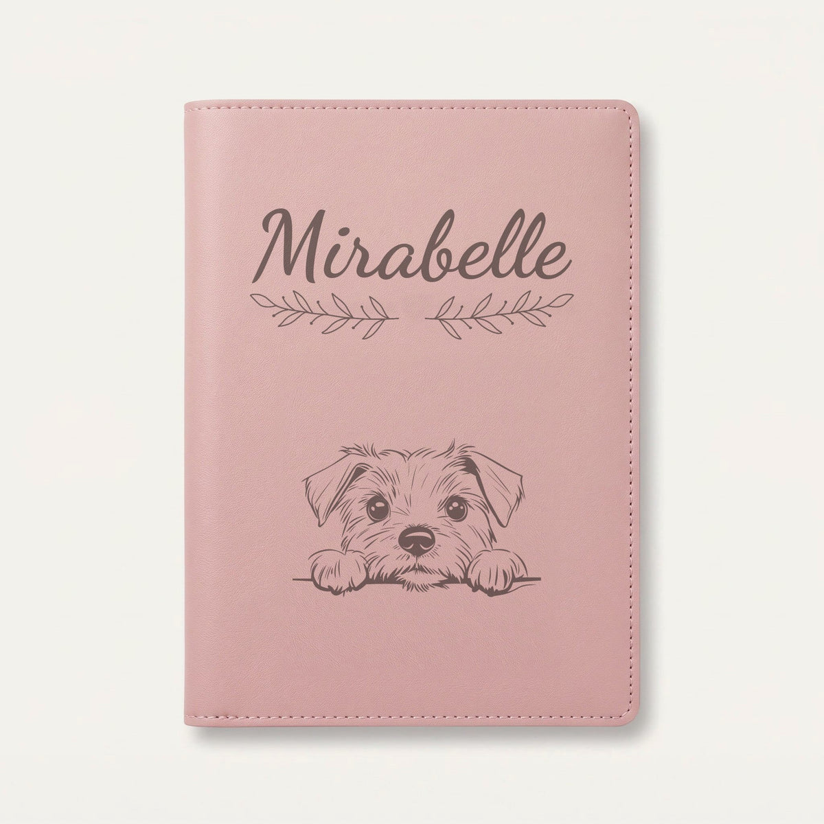 Protège carnet de santé chien personnalisé – Norfolk terrier — Rose dragée — Rameaux — gravure « Mirabelle »