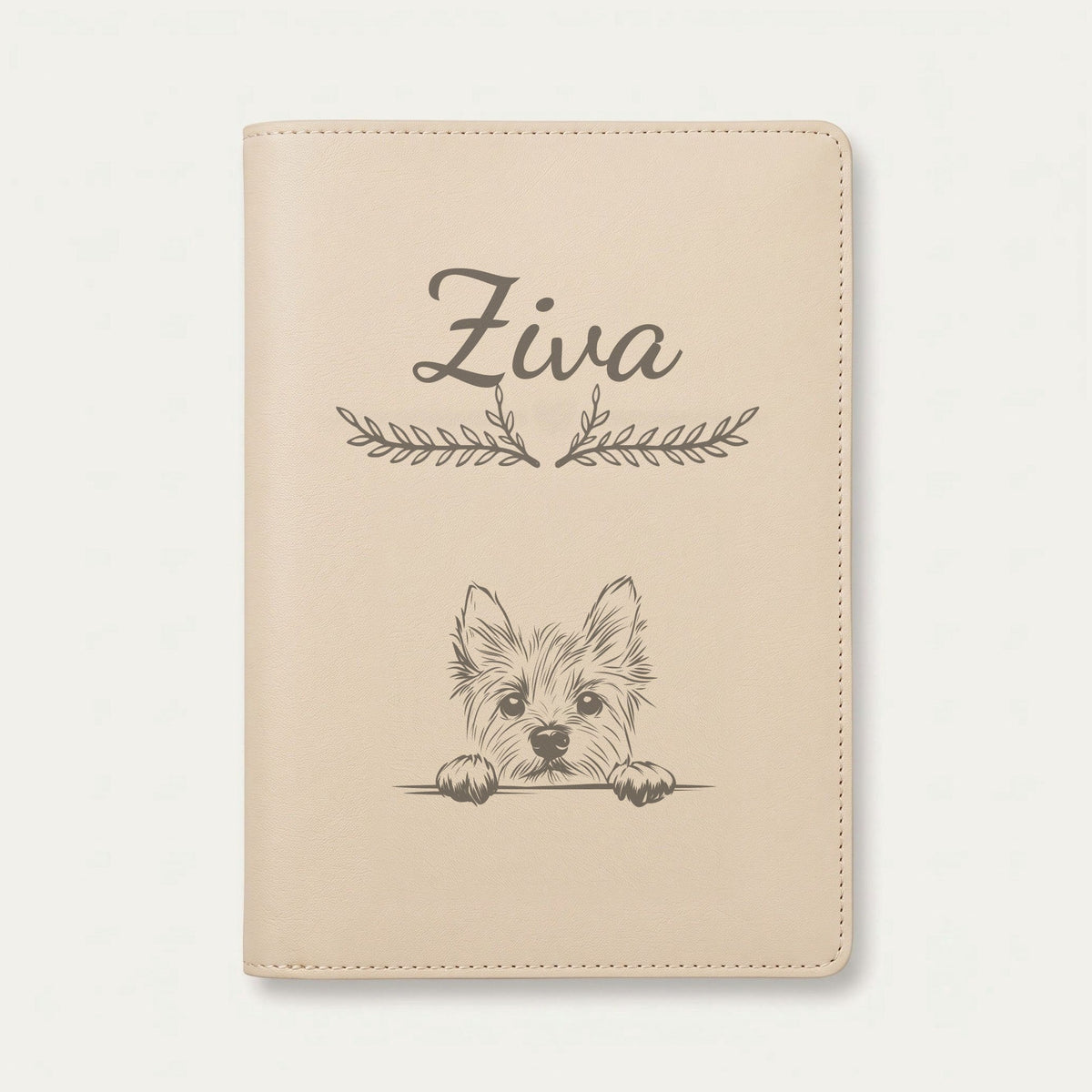 Protège carnet de santé chien personnalisé – Norwich terrier — Crème vanille — Bouquet — gravure « Ziva »