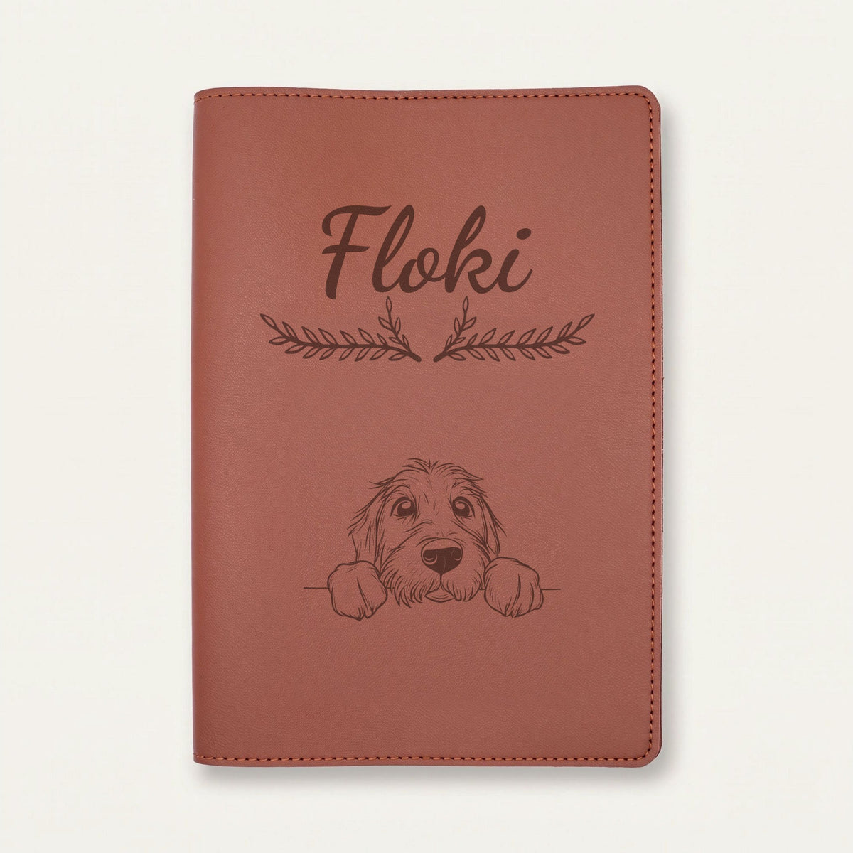 Protège carnet de santé chien personnalisé – Otterhound — Chocolat — Bouquet — gravure « Floki »