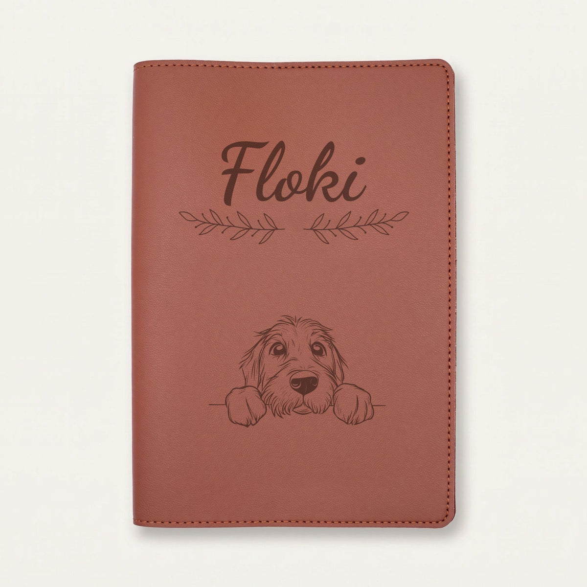Protège carnet de santé chien personnalisé – Otterhound — Chocolat — Rameaux — gravure « Floki »