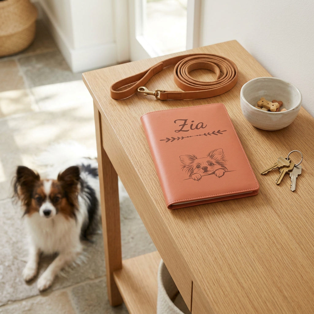 Protège carnet de santé chien personnalisé – Papillon — fermé, gravé « Zia » avec le papillon, sur une console d'entrée à côté d'une laisse, un papillon couché à côté (visuel de mise en scène, coloris Terracotta)