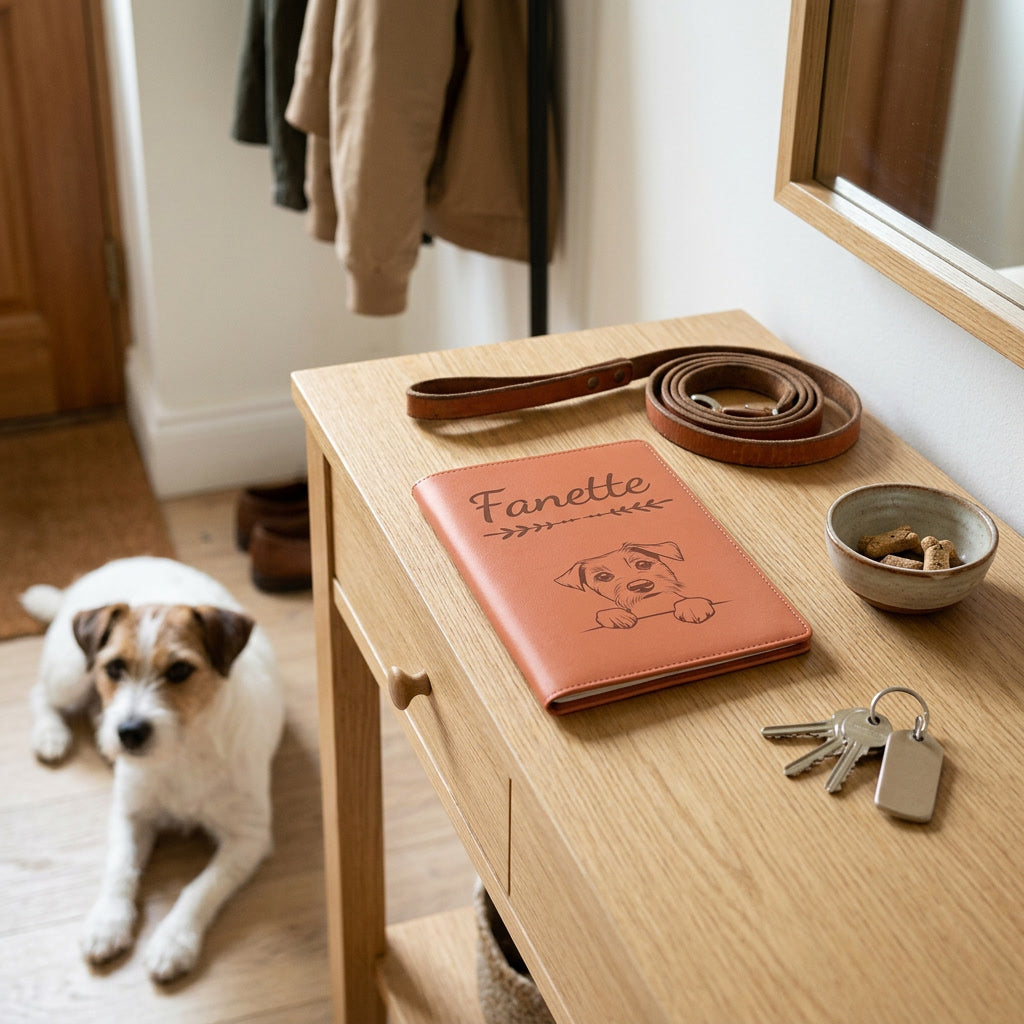 Protège carnet de santé chien personnalisé – Parson Russell terrier — fermé, gravé « Fanette » avec le parson Russell terrier, sur une console d'entrée à côté d'une laisse, un parson Russell terrier couché à côté (visuel de mise en scène, coloris Terracotta)