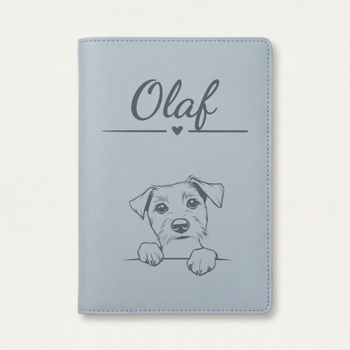 Protège carnet de santé chien personnalisé – Parson Russell terrier — Bleu nuage — Cœur — gravure « Olaf »