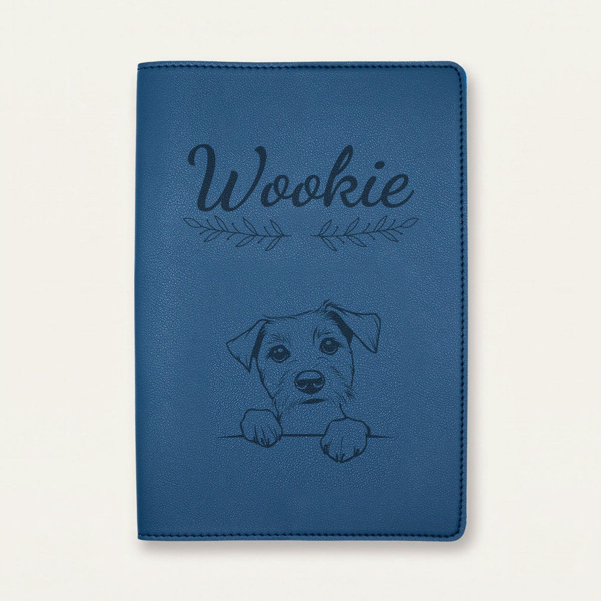 Protège carnet de santé chien personnalisé – Parson Russell terrier — Bleu nuit — Rameaux — gravure « Wookie »