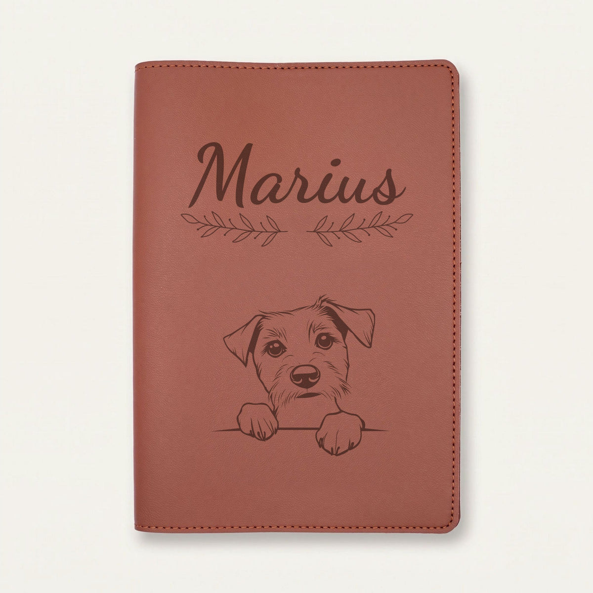 Protège carnet de santé chien personnalisé – Parson Russell terrier — Chocolat — Rameaux — gravure « Marius »