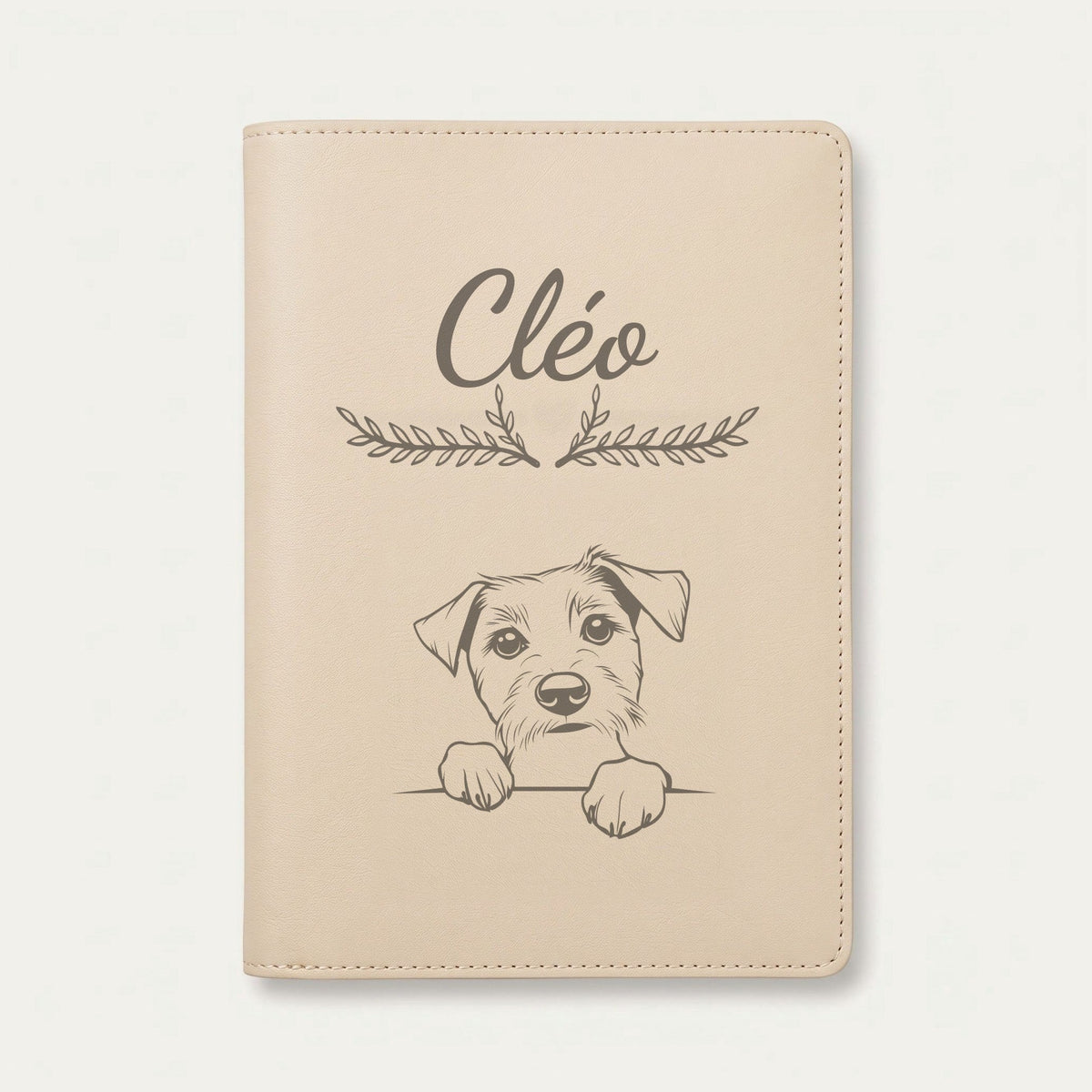 Protège carnet de santé chien personnalisé – Parson Russell terrier — Crème vanille — Bouquet — gravure « Cléo »