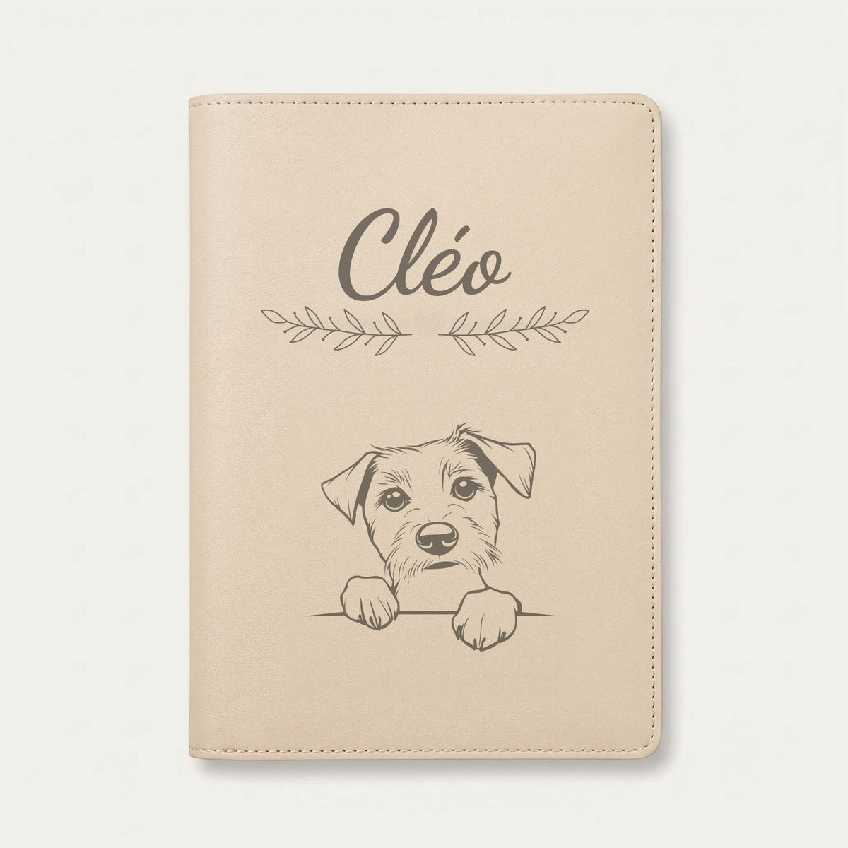 Protège carnet de santé chien personnalisé – Parson Russell terrier — Crème vanille — Rameaux — gravure « Cléo »