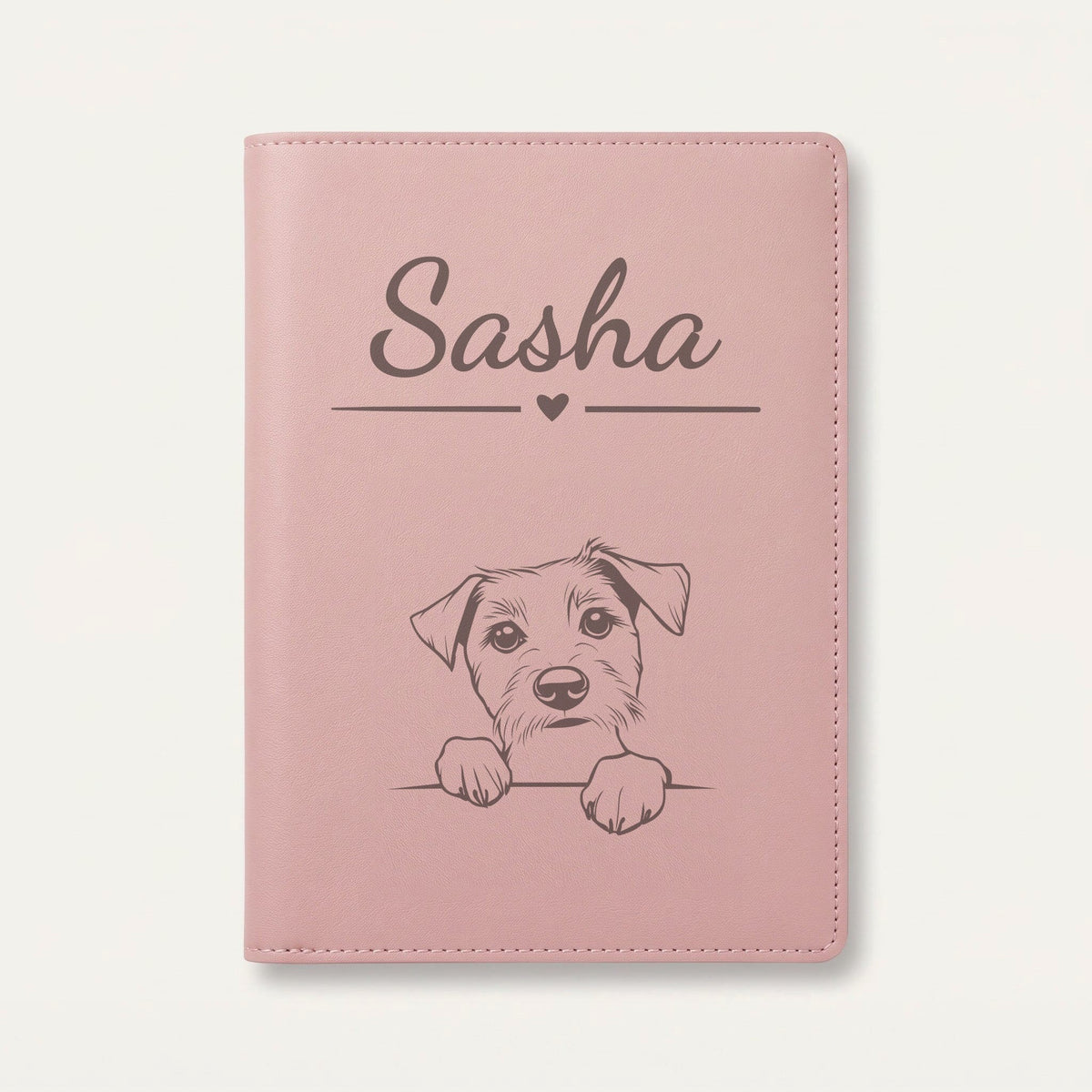 Protège carnet de santé chien personnalisé – Parson Russell terrier — Rose dragée — Cœur — gravure « Sasha »