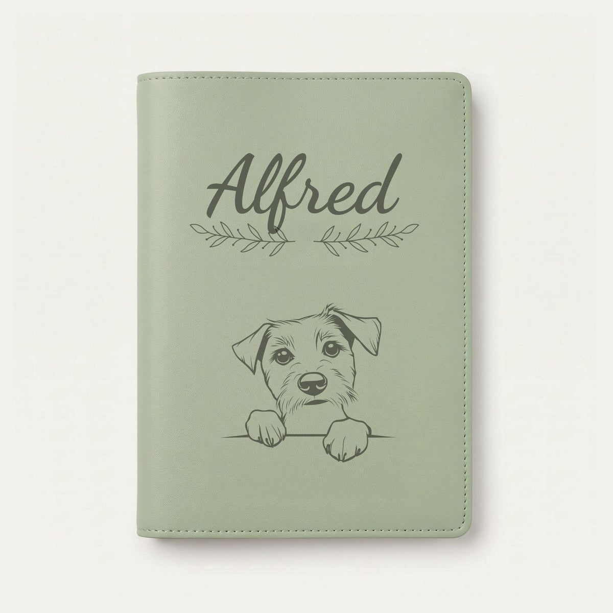 Protège carnet de santé chien personnalisé – Parson Russell terrier — Vert sauge — Rameaux — gravure « Alfred »