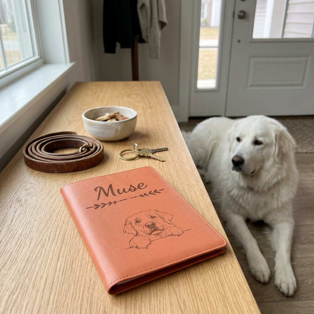 Protège carnet de santé chien personnalisé – Patou des Pyrénées — fermé, gravé « Muse » avec le patou des Pyrénées, sur une console d'entrée à côté d'une laisse, un patou des Pyrénées couché à côté (visuel de mise en scène, coloris Terracotta)