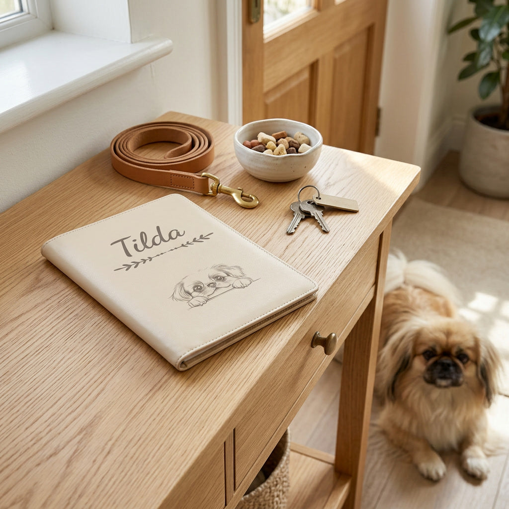 Protège carnet de santé chien personnalisé – Pékinois — fermé, gravé « Tilda » avec le pékinois, sur une console d'entrée à côté d'une laisse, un pékinois couché à côté (visuel de mise en scène, coloris Crème vanille)
