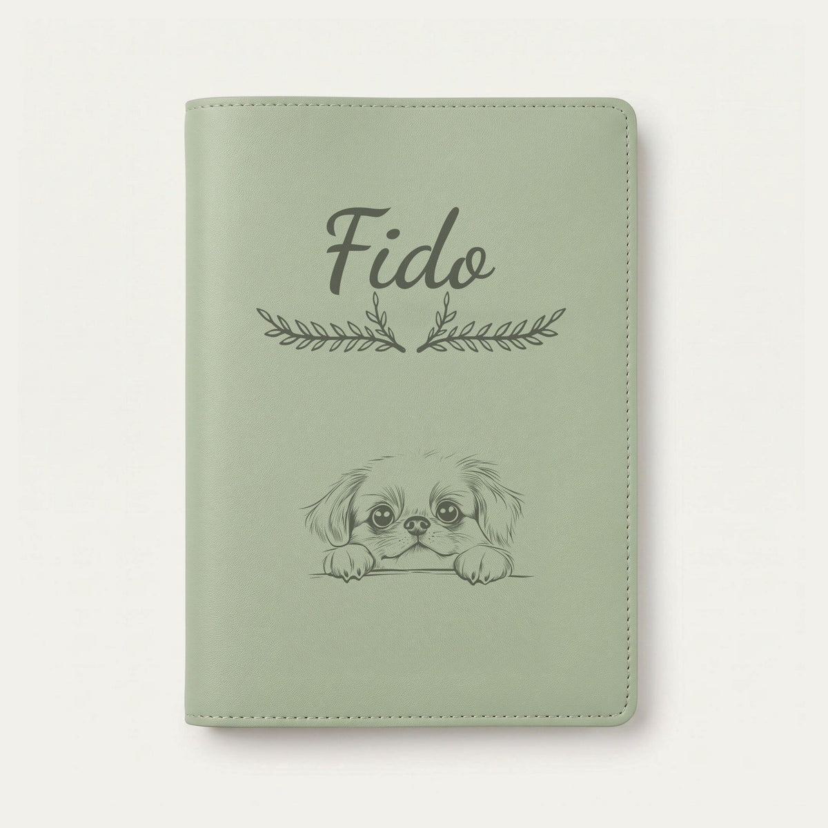 Protège carnet de santé chien personnalisé – Pékinois — Vert sauge — Bouquet — gravure « Fido »