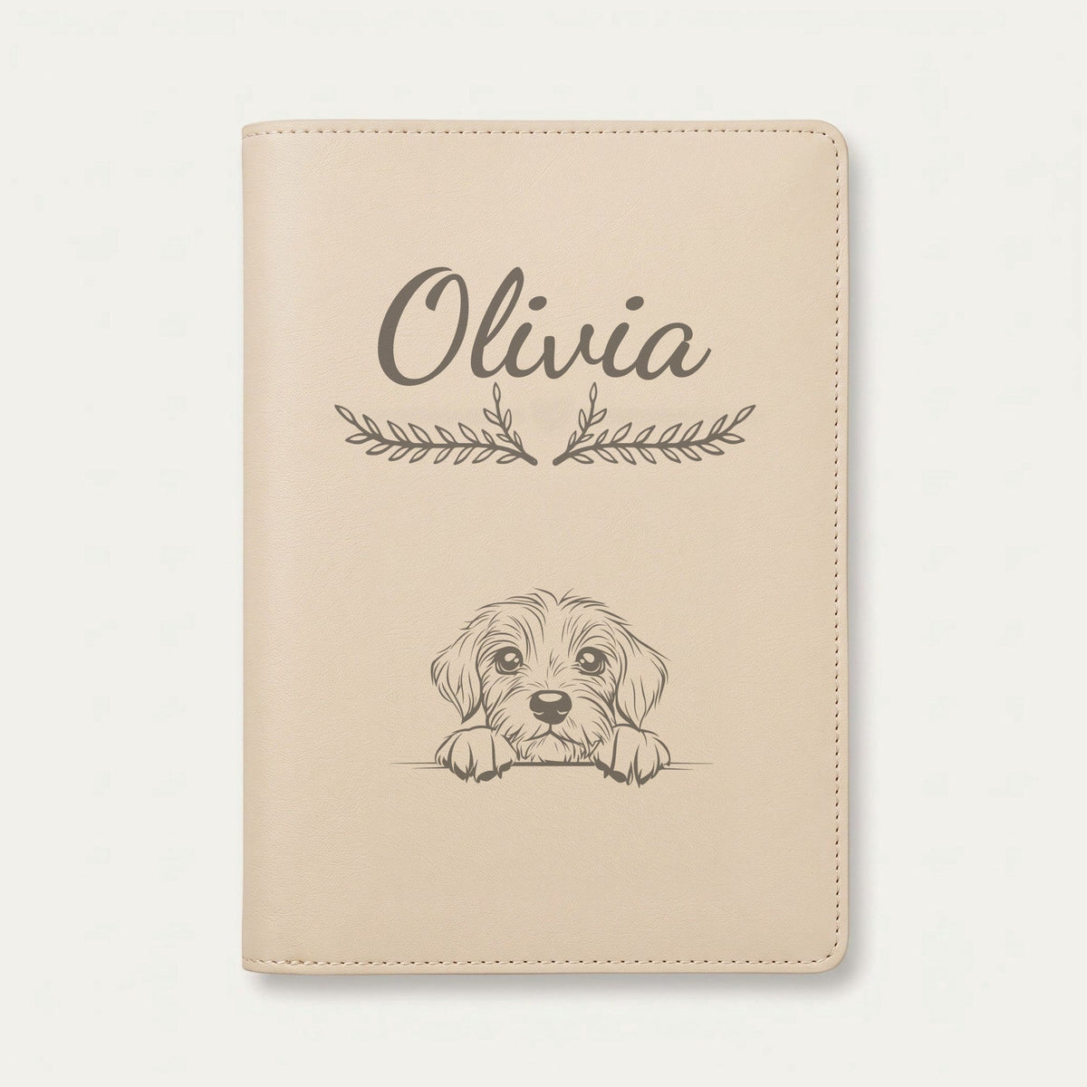 Protège carnet de santé chien personnalisé – Petit basset vendéen — Crème vanille — Bouquet — gravure « Olivia »