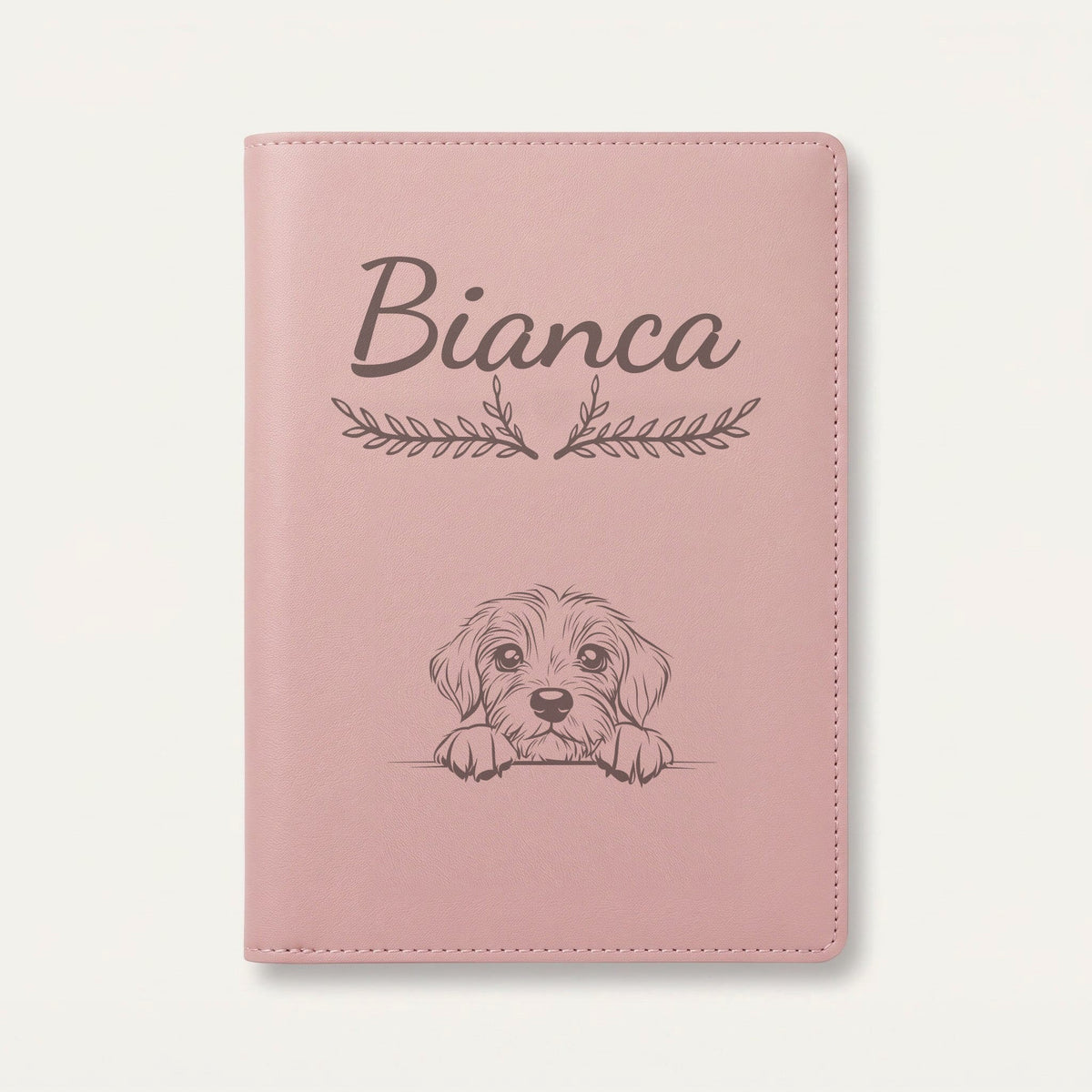 Protège carnet de santé chien personnalisé – Petit basset vendéen — Rose dragée — Bouquet — gravure « Bianca »