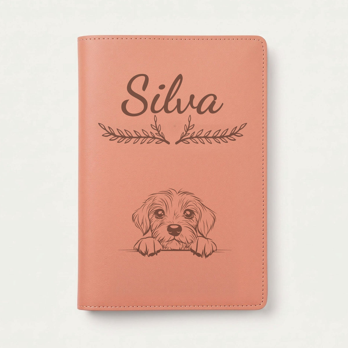 Protège carnet de santé chien personnalisé – Petit basset vendéen — Terracotta — Bouquet — gravure « Silva »