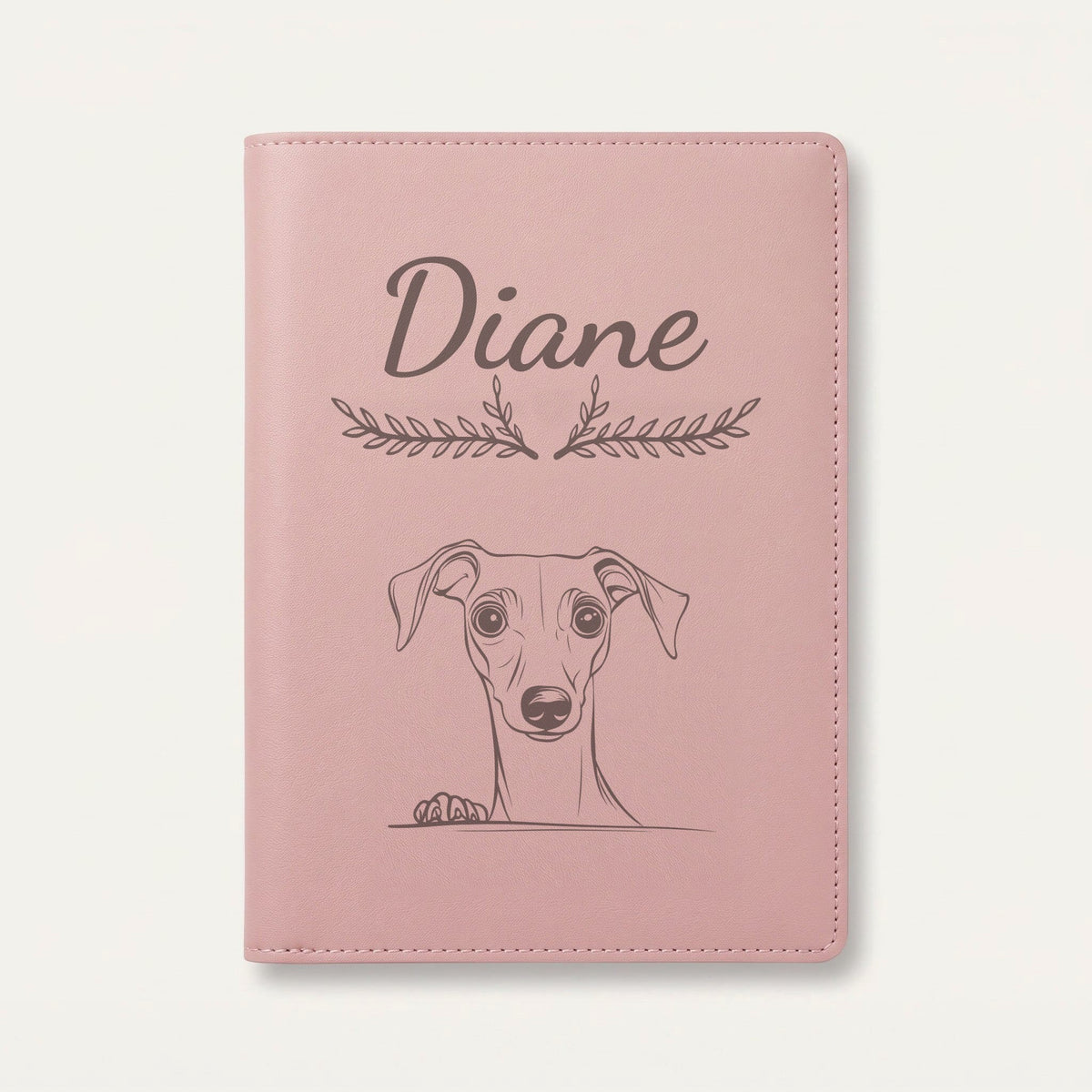 Protège carnet de santé chien personnalisé – Petit lévrier italien — Rose dragée — Bouquet — gravure « Diane »