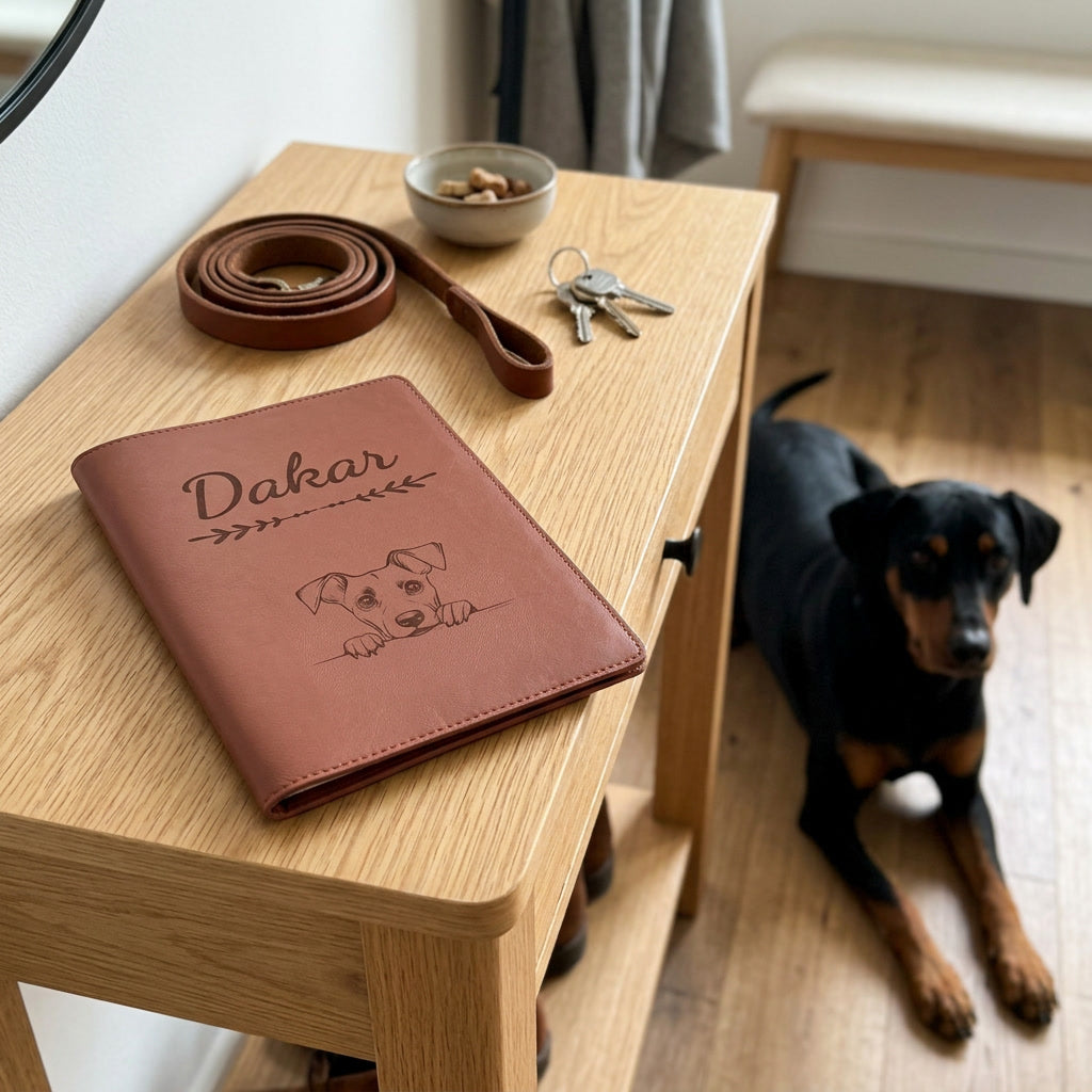 Protège carnet de santé chien personnalisé – Pinscher allemand — fermé, gravé « Dakar » avec le pinscher allemand, sur une console d'entrée à côté d'une laisse, un pinscher allemand couché à côté (visuel de mise en scène, coloris Chocolat)