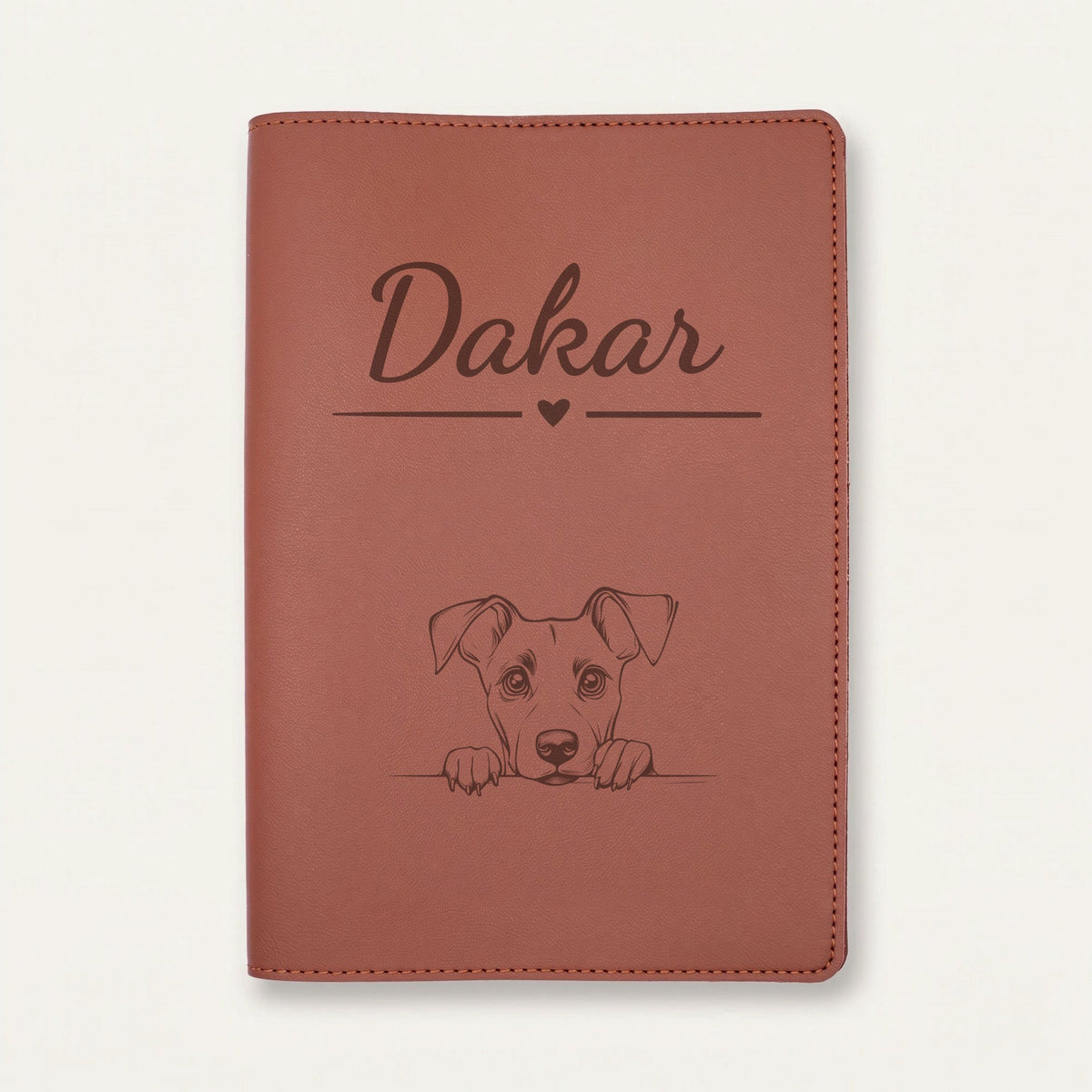 Protège carnet de santé chien personnalisé – Pinscher allemand — Chocolat — Cœur — gravure « Dakar »