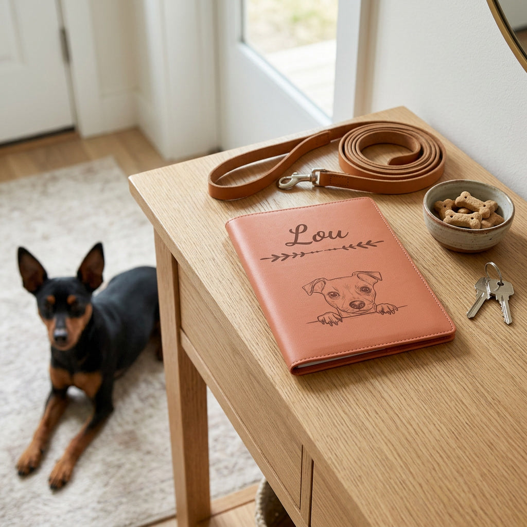 Protège carnet de santé chien personnalisé – Pinscher nain — fermé, gravé « Lou » avec le pinscher nain, sur une console d'entrée à côté d'une laisse, un pinscher nain couché à côté (visuel de mise en scène, coloris Terracotta)