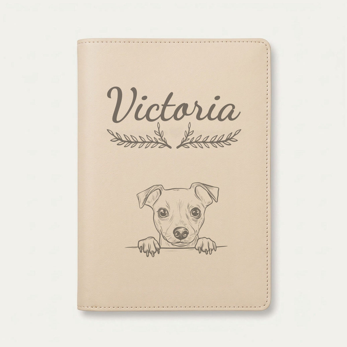 Protège carnet de santé chien personnalisé – Pinscher nain — Crème vanille — Bouquet — gravure « Victoria »
