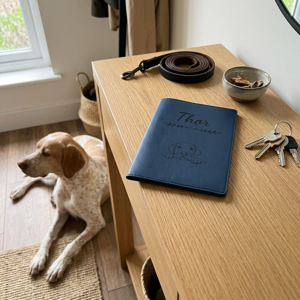 Protège carnet de santé chien personnalisé – Pointer anglais — fermé, gravé « Thor » avec le pointer anglais, sur une console d'entrée à côté d'une laisse, un pointer anglais couché à côté (visuel de mise en scène, coloris Bleu nuit)