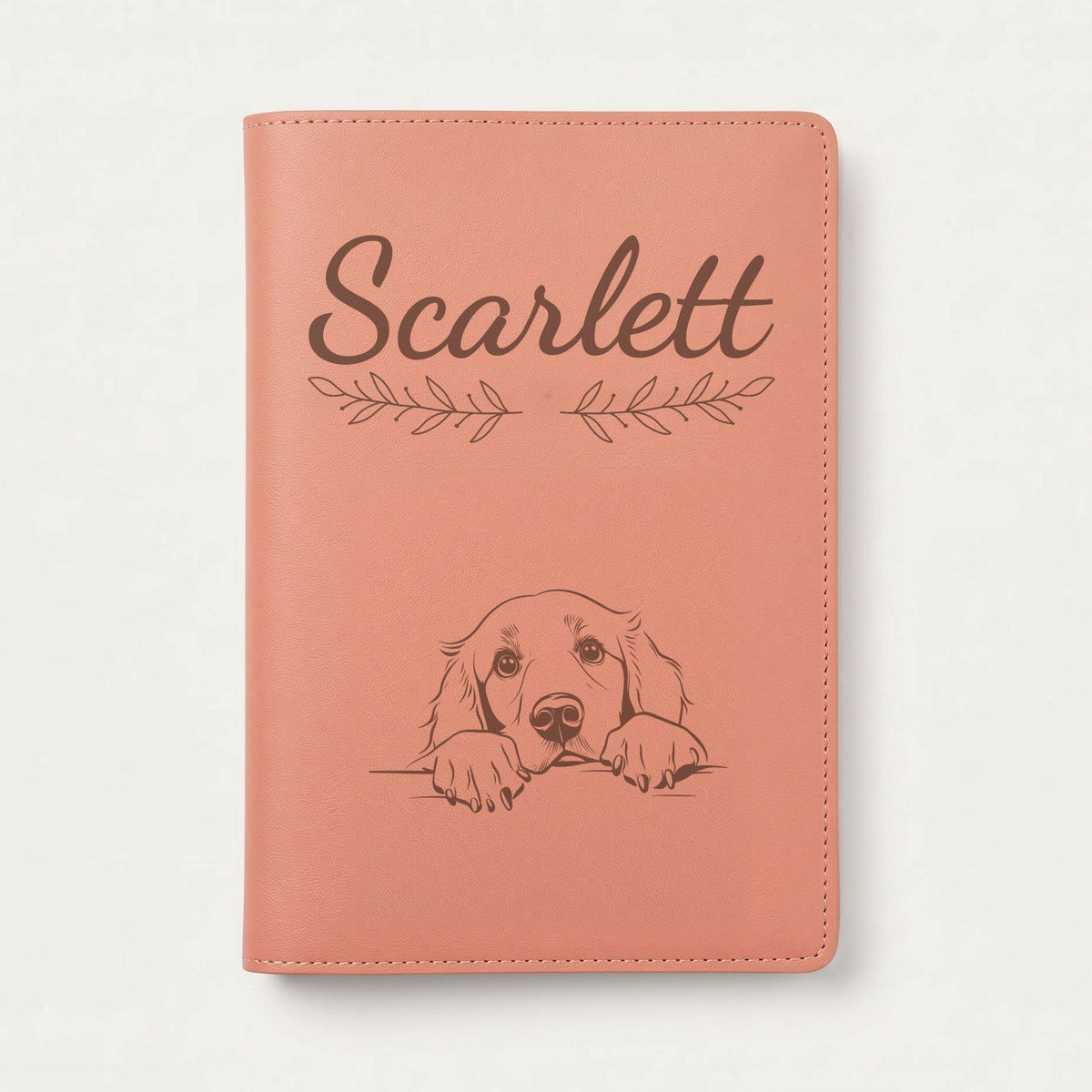 Protège carnet de santé chien personnalisé – Retriever à poil plat — Terracotta — Rameaux — gravure « Scarlett »