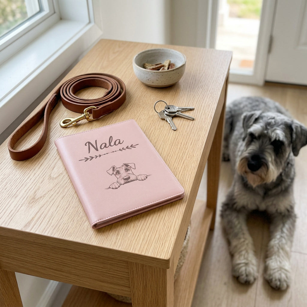 Protège carnet de santé chien personnalisé – Schnauzer géant — fermé, gravé « Nala » avec le schnauzer géant, sur une console d'entrée à côté d'une laisse, un schnauzer géant couché à côté (visuel de mise en scène, coloris Rose dragée)