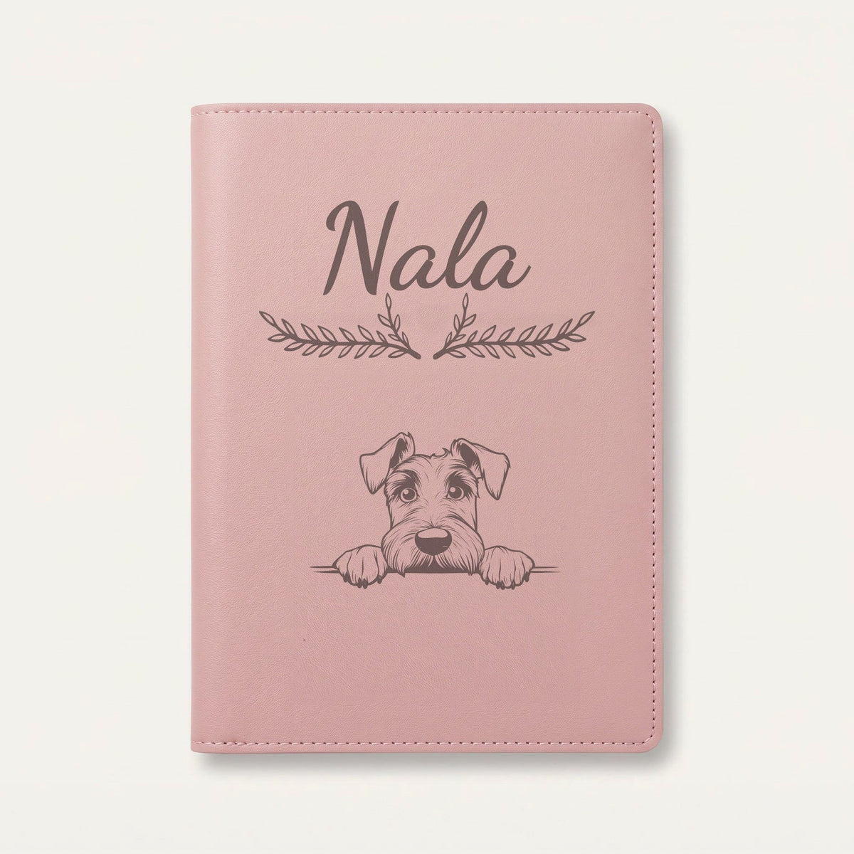 Protège carnet de santé chien personnalisé – Schnauzer géant — Rose dragée — Bouquet — gravure « Nala »