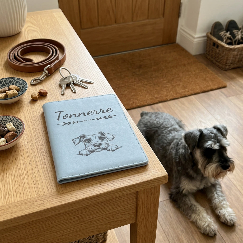 Protège carnet de santé chien personnalisé – Schnauzer nain — fermé, gravé « Tonnerre » avec le schnauzer nain, sur une console d'entrée à côté d'une laisse, un schnauzer nain couché à côté (visuel de mise en scène, coloris Bleu nuage)