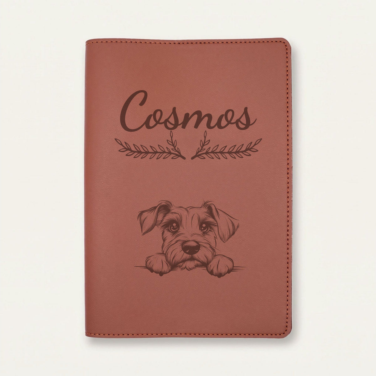 Protège carnet de santé chien personnalisé – Schnauzer nain — Chocolat — Bouquet — gravure « Cosmos »