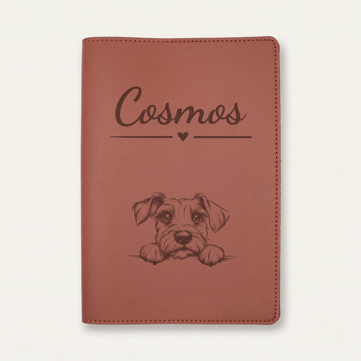 Protège carnet de santé chien personnalisé – Schnauzer nain — Chocolat — Cœur — gravure « Cosmos »