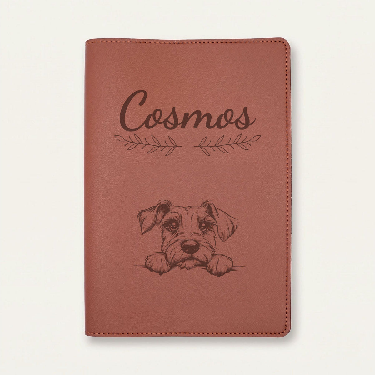Protège carnet de santé chien personnalisé – Schnauzer nain — Chocolat — Rameaux — gravure « Cosmos »