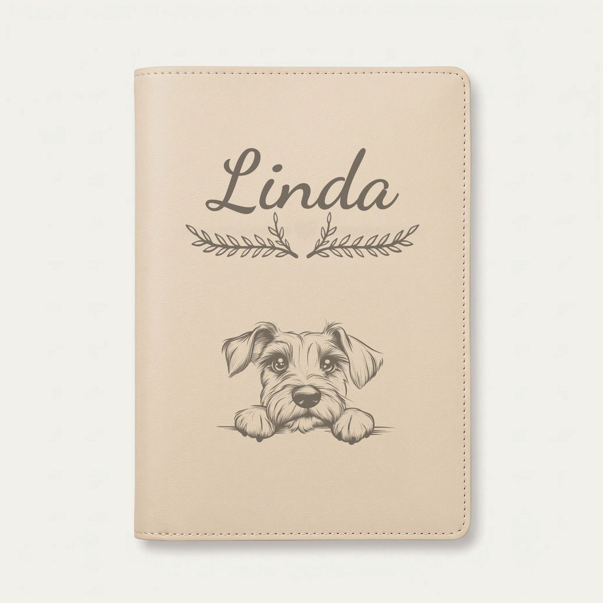 Protège carnet de santé chien personnalisé – Schnauzer nain — Crème vanille — Bouquet — gravure « Linda »