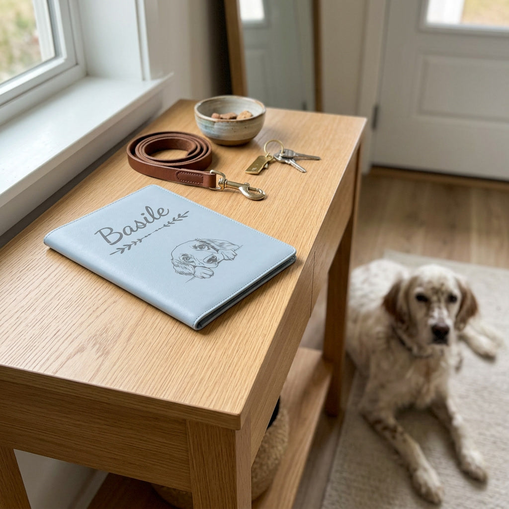 Protège carnet de santé chien personnalisé – Setter anglais — fermé, gravé « Basile » avec le setter anglais, sur une console d'entrée à côté d'une laisse, un setter anglais couché à côté (visuel de mise en scène, coloris Bleu nuage)