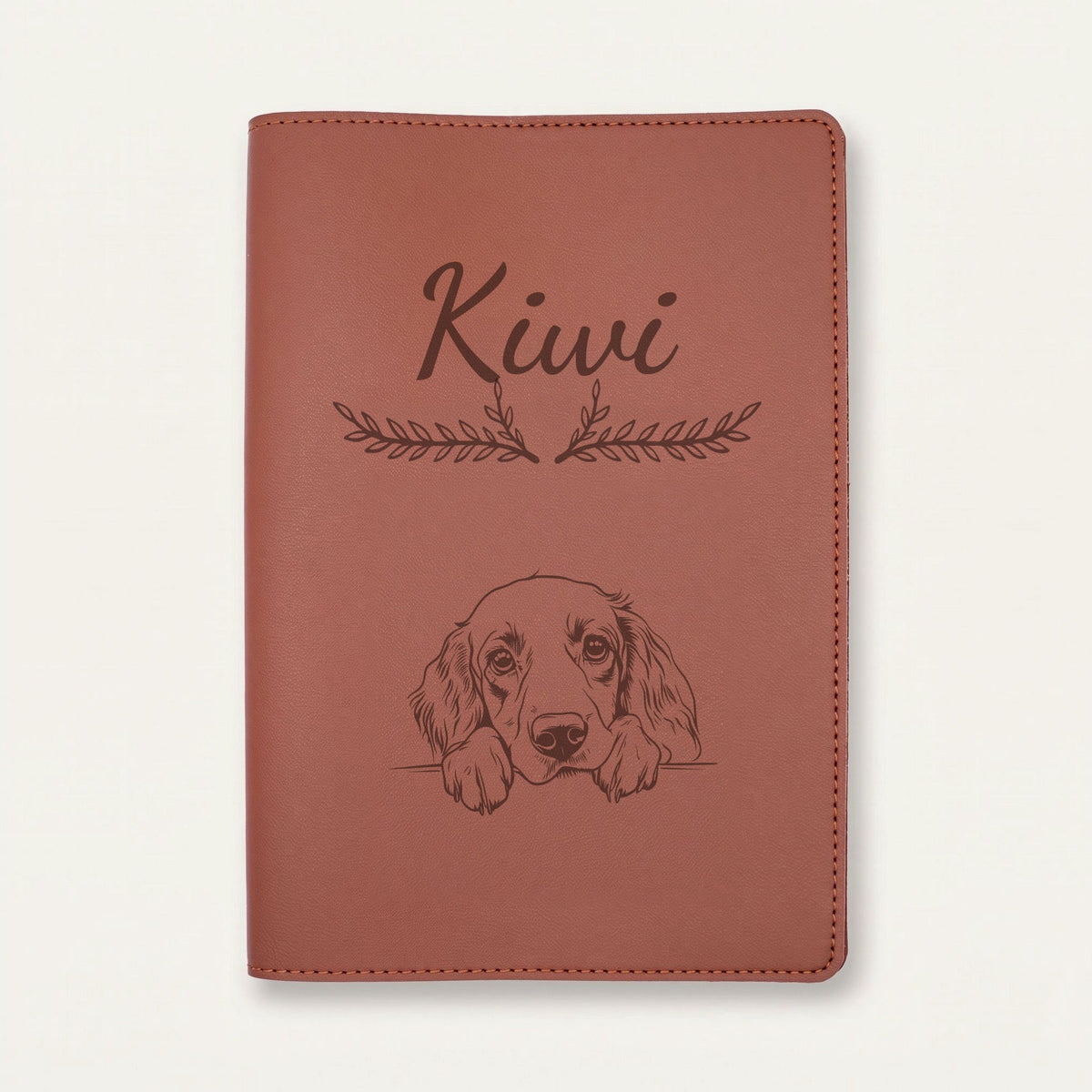Protège carnet de santé chien personnalisé – Setter anglais — Chocolat — Bouquet — gravure « Kiwi »
