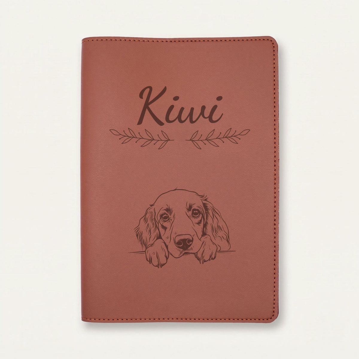 Protège carnet de santé chien personnalisé – Setter anglais — Chocolat — Rameaux — gravure « Kiwi »