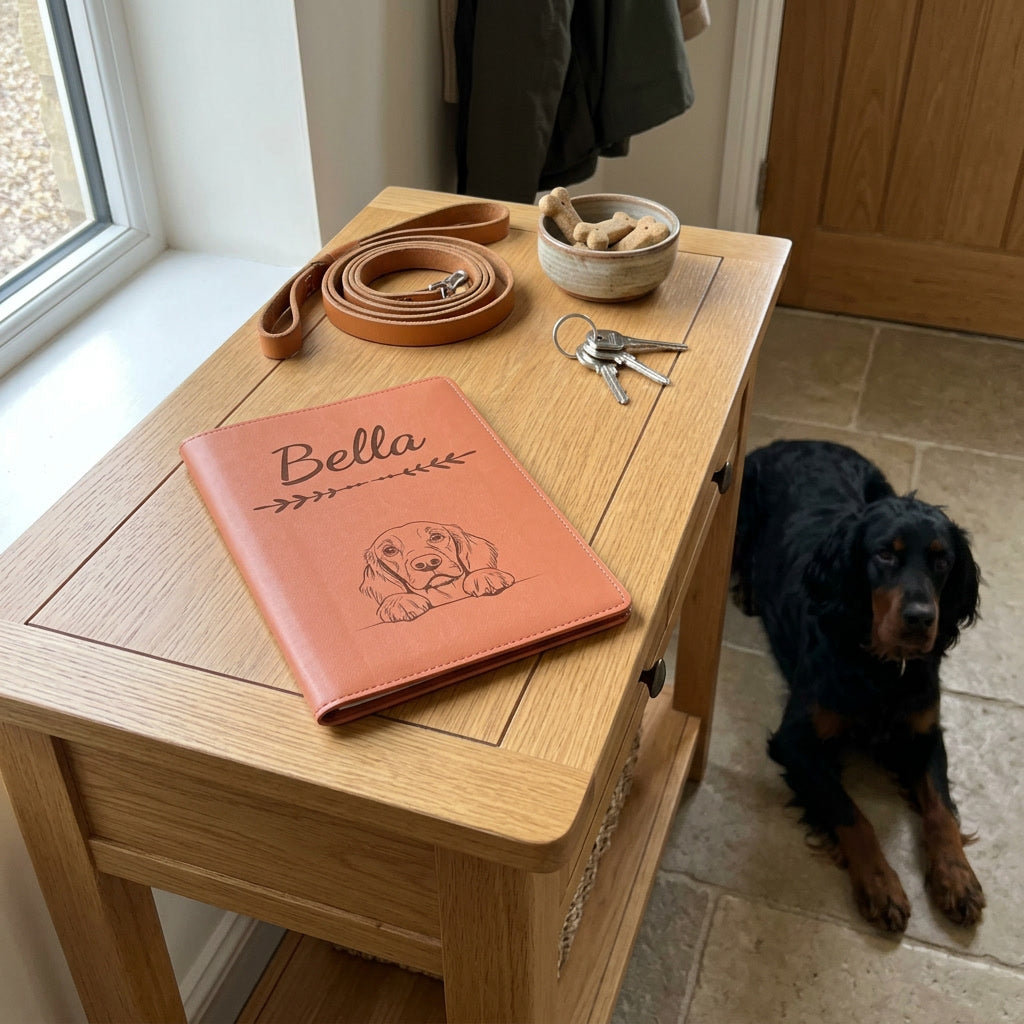Protège carnet de santé chien personnalisé – Setter Gordon — fermé, gravé « Bella » avec le setter Gordon, sur une console d'entrée à côté d'une laisse, un setter Gordon couché à côté (visuel de mise en scène, coloris Terracotta)