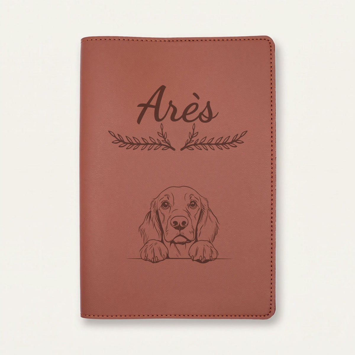 Protège carnet de santé chien personnalisé – Setter Gordon — Chocolat — Bouquet — gravure « Arès »