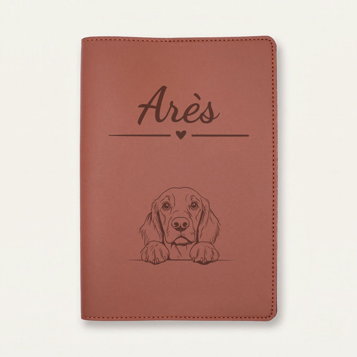 Protège carnet de santé chien personnalisé – Setter Gordon — Chocolat — Cœur — gravure « Arès »